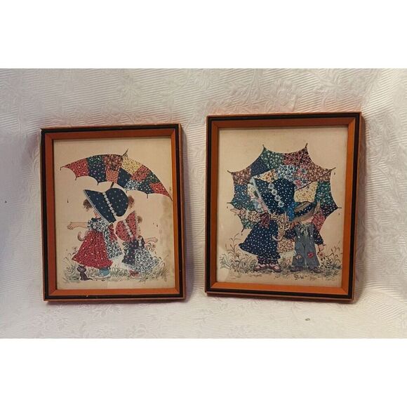 2 Patchwork Girls Print by Amy Calico Dressed & Umbrella Framed 9.5x7.5” Vtg - Picture 1 of 9